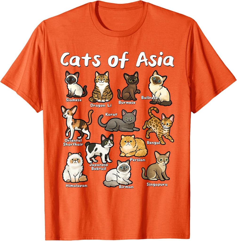 Cats of Asia Breeds Graphic Tee Casual Cotton Short Sleeve T-Shirt for Men Trip