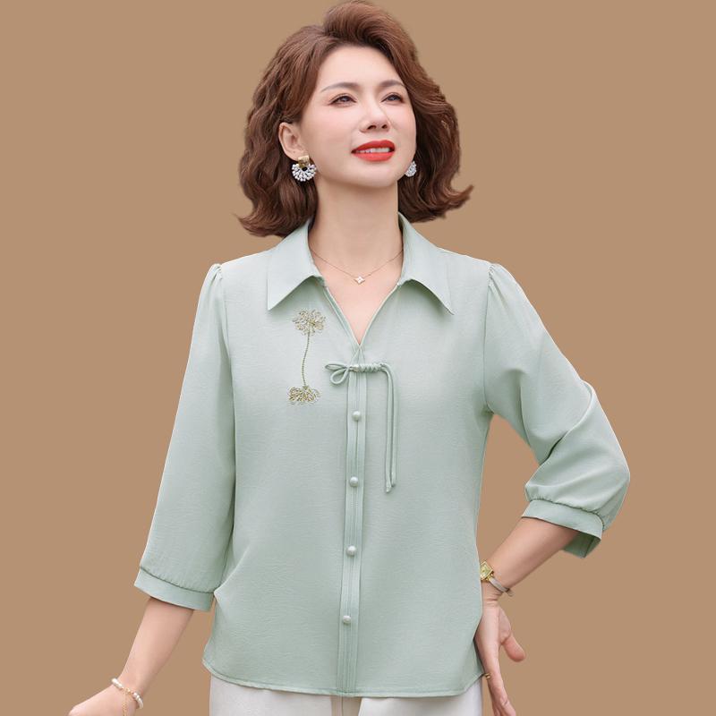 

Elegant Chiffon Seven-Sleeve Shirt for Middle-Aged and Elderly Women - Spring/Summer Chinese Style 5XL 150-160 lbs