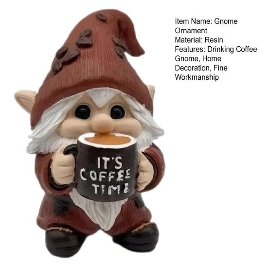 Drinking Coffee Gnome Figurine Holding Coffee Mug Dwarf Statue Handmade Gnome Resin Sculpture Coffee