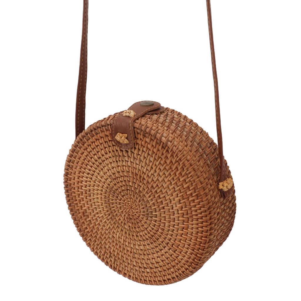Handwoven Round Rattan Bag Tropical Beach   Woven Shoulder Rattan Bag with Leather Strap 20cm Diameter