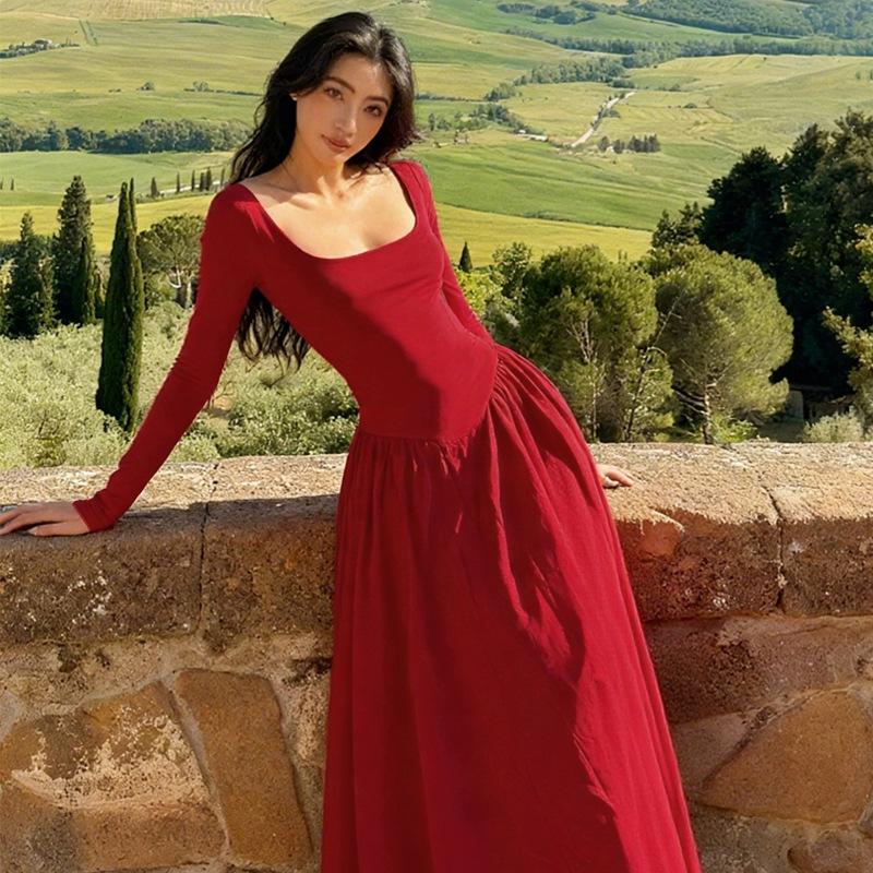 

European and American style French solid color square neck long-sleeved swing dress fashionable backless cross-strap slim dress L червоний
