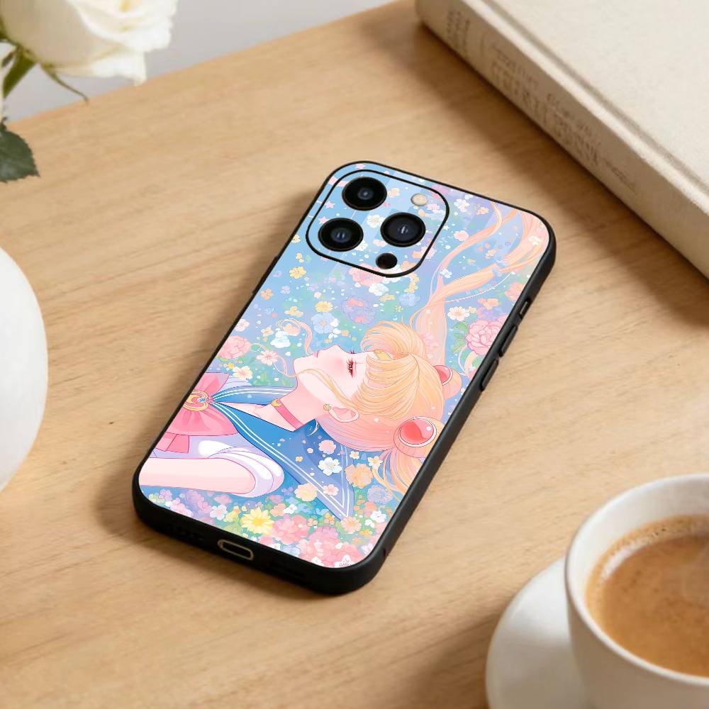 Cartoon E-Sailor M-Moons Phone Case For iPhone17,16,15,14,13,12 Plus,Max Soft Silicone Black Cover