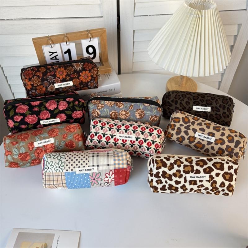 Corduroy Pencil Pouch With Spacious Compartment Student Organizer Washable Cosmetic Bag For Daily Use