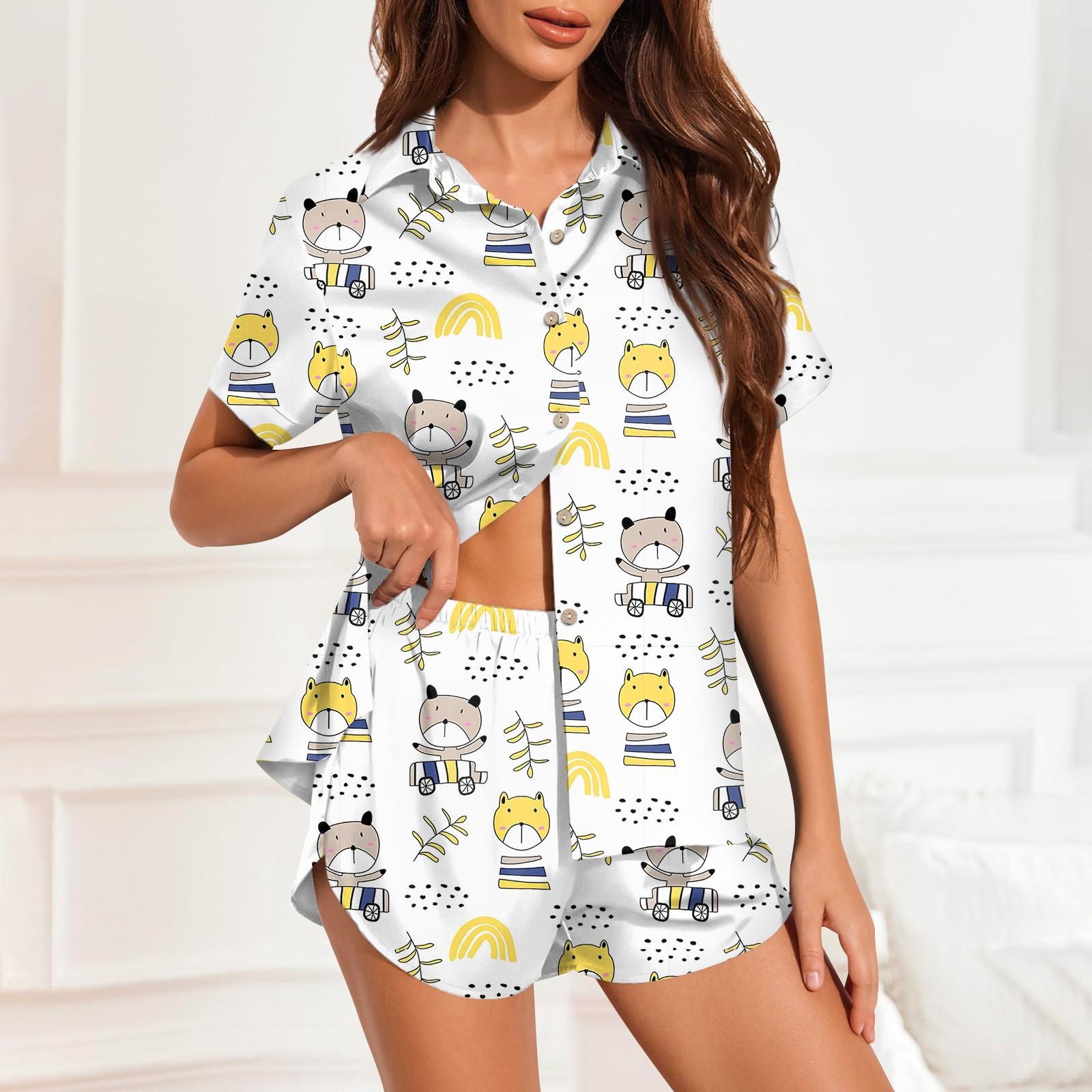 

Женская шелковая пижама с пуговицами, домашняя одежда, принт со звездами, короткий рукав, атласный пижамный комплект из 2 предметов XL жёлтый