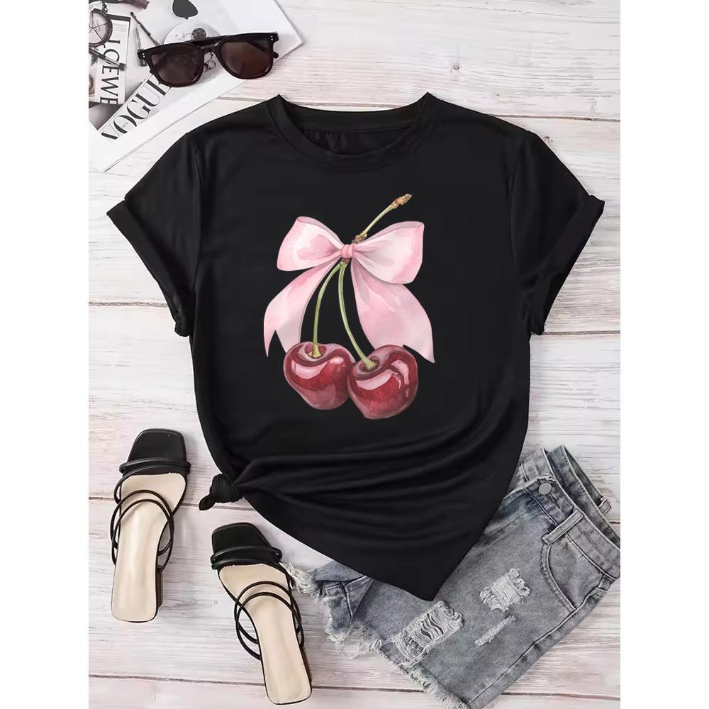Mode Kirschdruck Damen T-Shirt Kurzarm Rundhals Lässige Oberteile für Sommer Frühling Damenbekleidung Oberteile T-Shirts