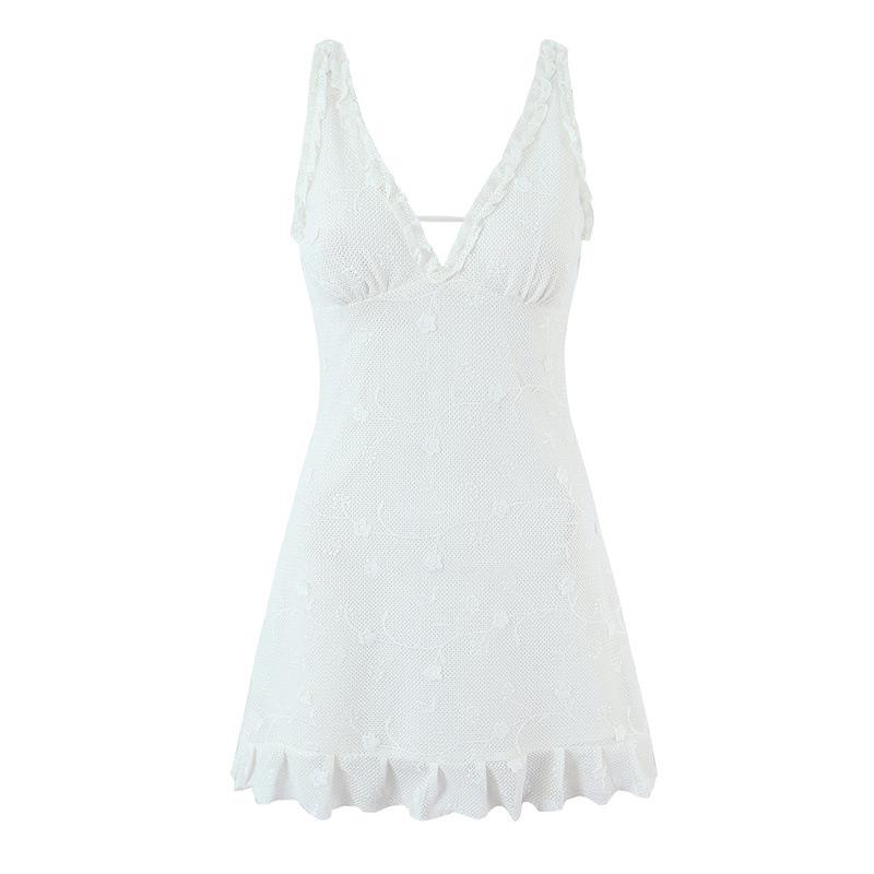 Design-Sense Women s V-Neck Mesh Embroidery Sleeveless Slim-Fit Open-Back Dress Medium белый