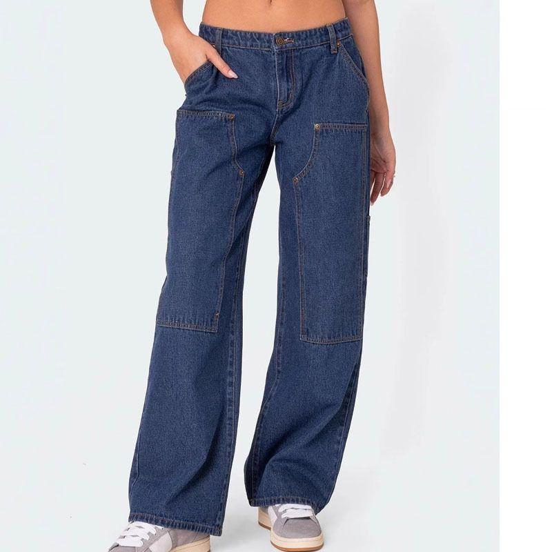 

European and American Foreign Trade Loose Wide-Leg Niche Cargo Jeans Casual Straight Pants Women Casual Pants Women Dark blue XL
