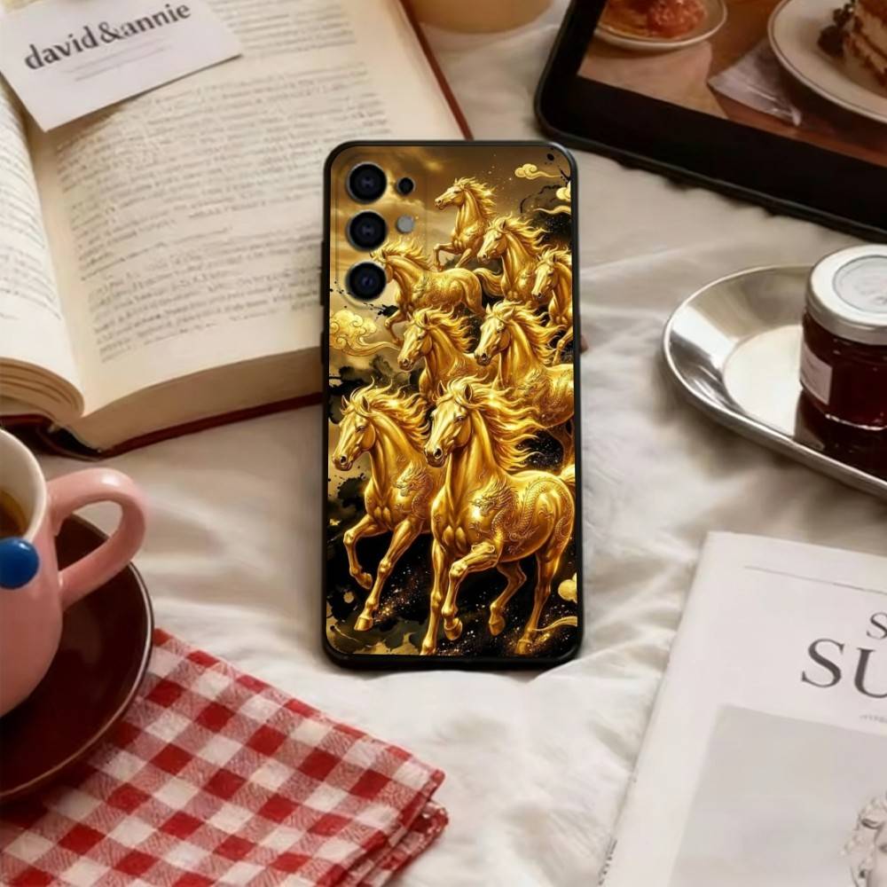 

Golden Horse Phone Case Black Silicone Soft For Samsung S25,S24,S21,S22,S23,S30,Ultra,S20,Plus,Fe,Lite Samsung S225G