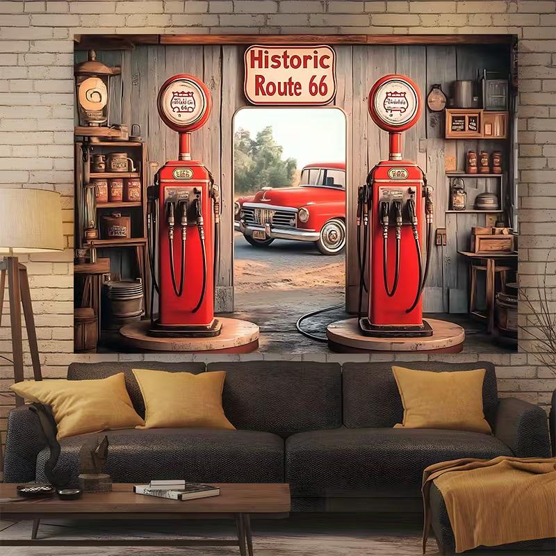 Historic Route 66 Gas Pump Backdrop Retro Gas Station Party Photo Background