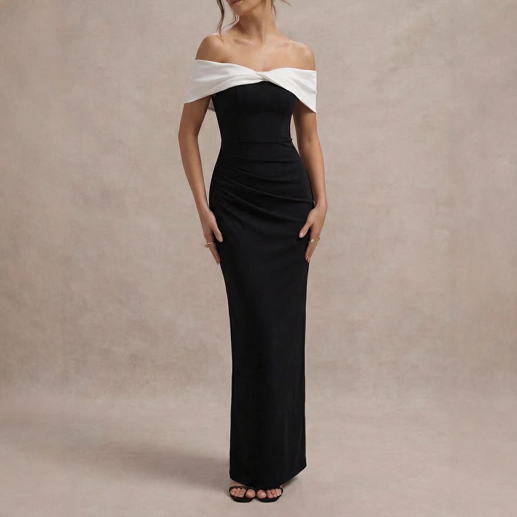 Elegant Women s Black & White French One-Shoulder Bodycon Dress – Waist-Cinched, Slim-Fit, Long Party Dress for Summer S