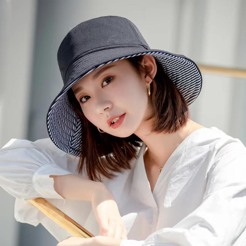 Double Side Wear Fisherman Hat For Women Solid Striped Bucket Hats Summer Female Anti-UV Wide Brim Sunscreen Cap