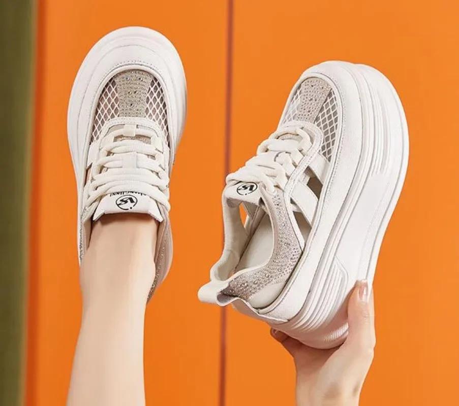 Fashion 8cm New Air Mesh Synthetic Leather Chunky Sneaker Breathable Hollow Platform Wedge Women Flats Shoes Sandals Summer Ethnic