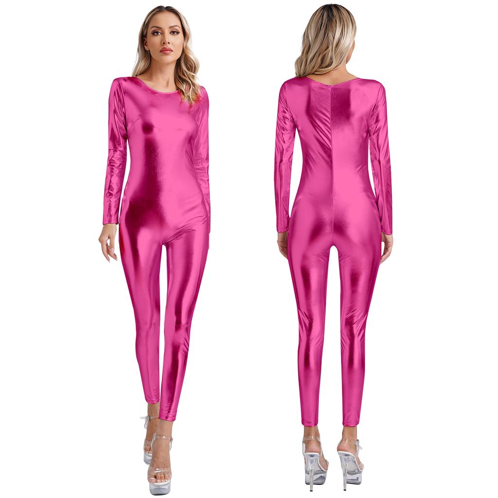 Costume de Festival Body Metalic Dintr-o Bucată pentru Femei Haine de Club Strălucitoare Haine de Dans Mânecă Lungă cu Gât Rotund Croială Slim Fit Body Full Corp Costume de Festival