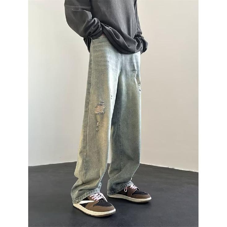 Herren-Jeans im Retro-Stil, gewaschen, Vintage, weites Bein, lockere, gerade Beinform, lässig, vielseitig, lange Hängehose