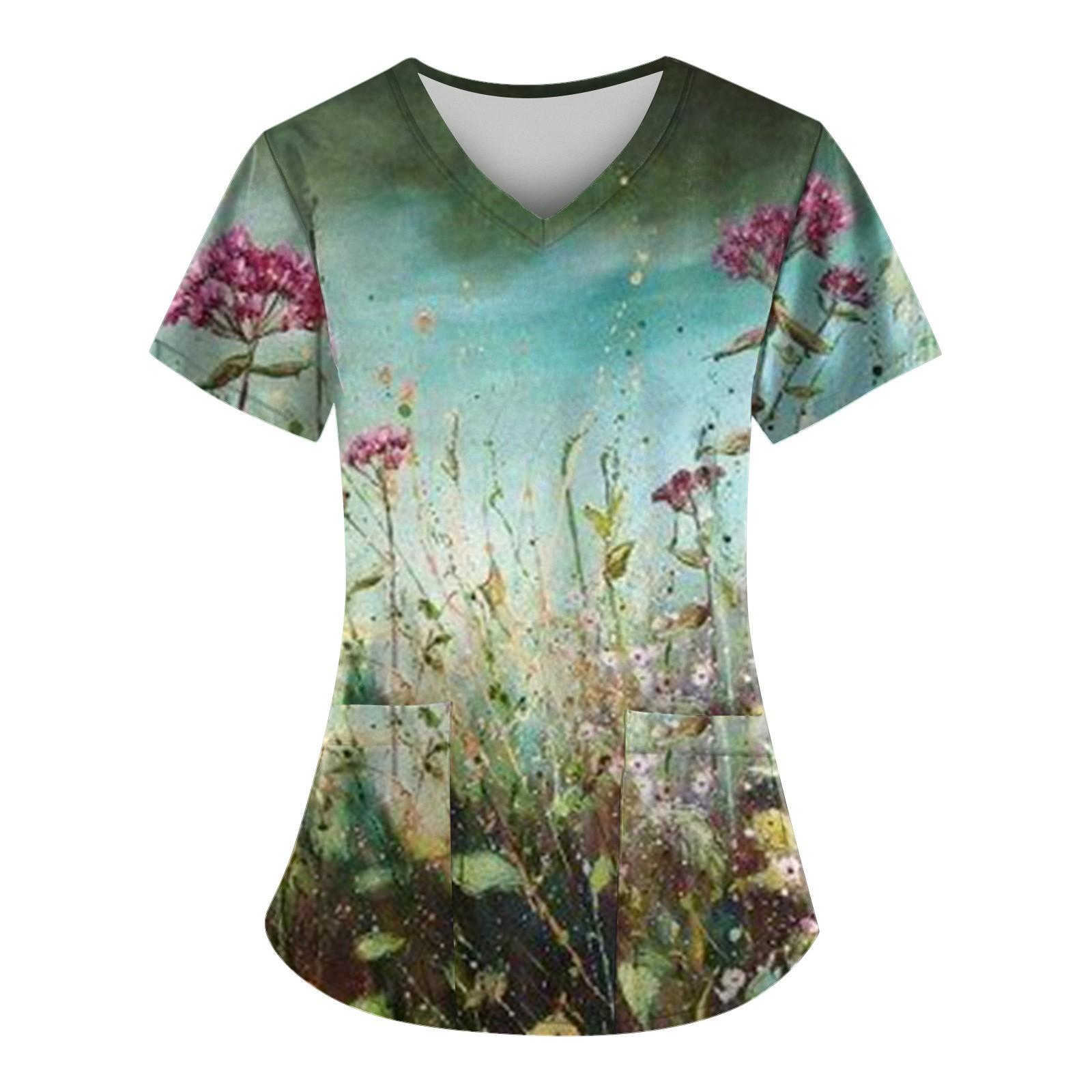 

Women Fashion Spring And Summer Flower Oil Painting Print V-neck Short Sleeve Workwear With Pockets Tops XXXXL небо синє кольору