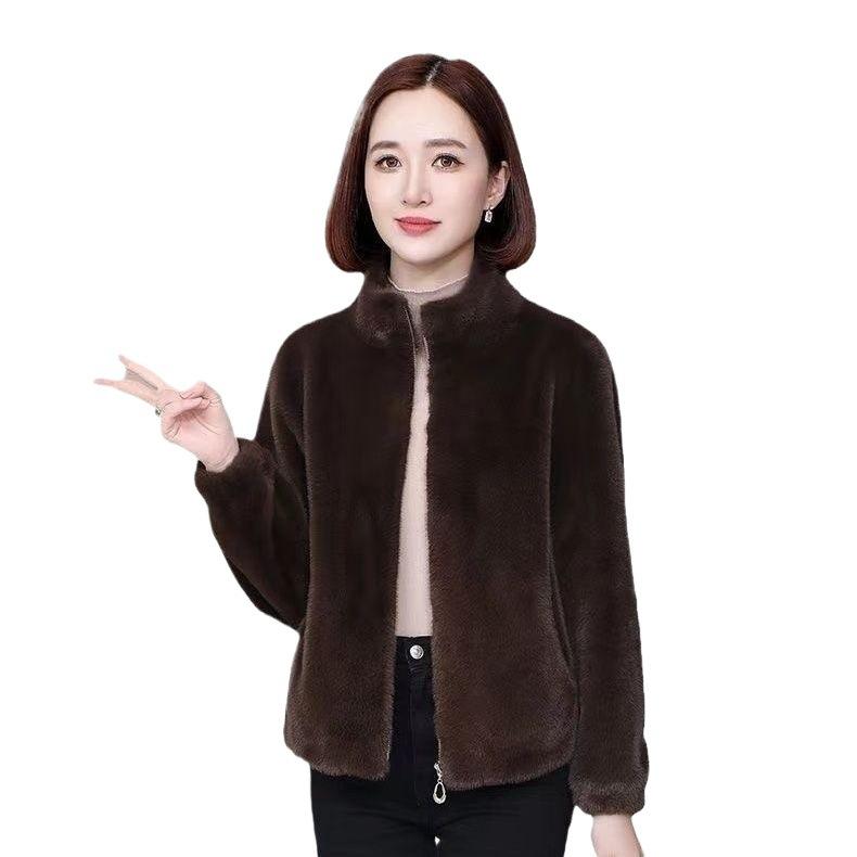 Goldner Nerzjacke Damen Kurz Kunstpelz Winterpelz Integriert Stehkragen Taille Mode Warm Verdickt Mantel