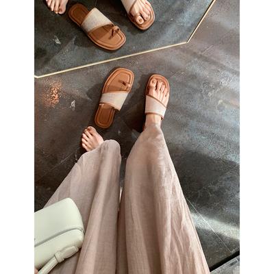 Casual Summer Square Head Toe Straw Splicing Flat-bottomed Slippers Women's 2024 New