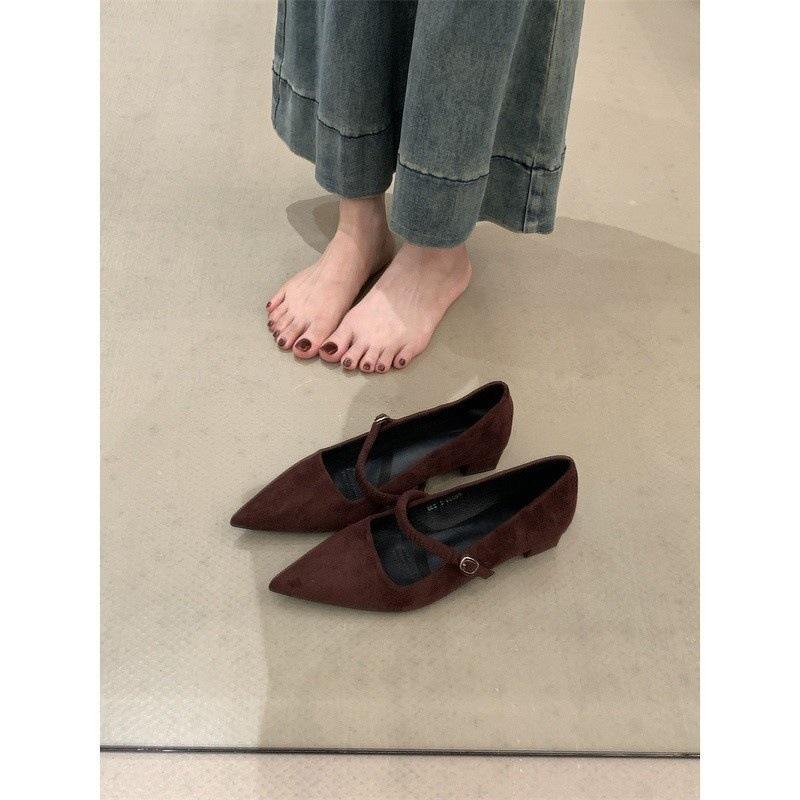 French thick heel pointed Mary Jane shoes 2025 new suede shallow mouth word with suede versatile single shoes