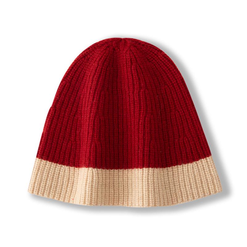 

Women 100% Pure Cashmere Beanie Hat Two Tone Color Block Knit Winter Warm Soft Slouchy Skullies Cap Cold Weather Accessory червоний