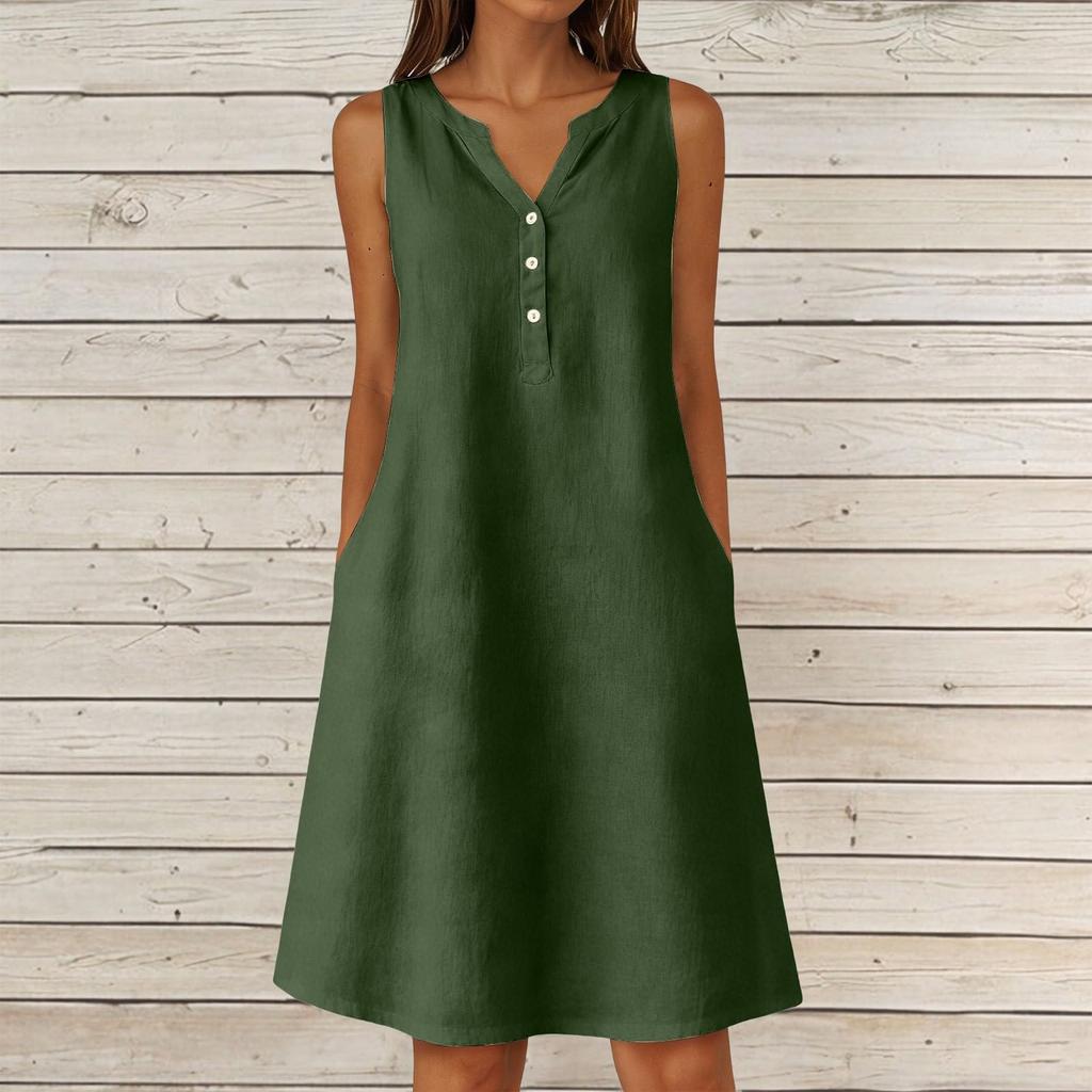 Women's Summer Casual V-neck Button Color Sleeveless Long Dress With Pockets