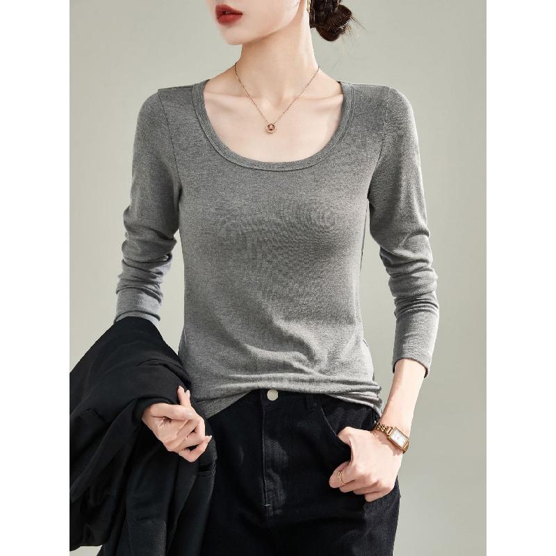 DeRong Spring and Autumn Base Shirt 2026 New Model U-Neck Slim Fit Long Sleeve T-Shirt Commuting Inner Layer Top for Women