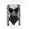 Summer Committee New Arrival Boutique Women's Clothing Low Cut U-Neck Long-Sleeved Perspective Sexy Hot Fashion Silm Fun Lace Jumpsuit