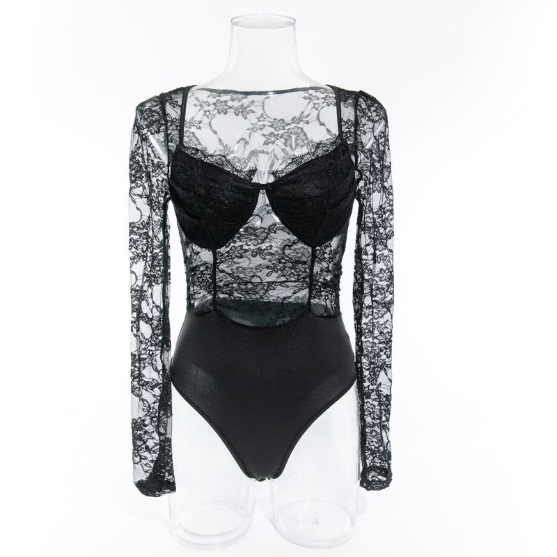 Summer Committee New Arrival Boutique Women's Clothing Low Cut U-Neck Long-Sleeved Perspective Sexy Hot Fashion Silm Fun Lace Jumpsuit