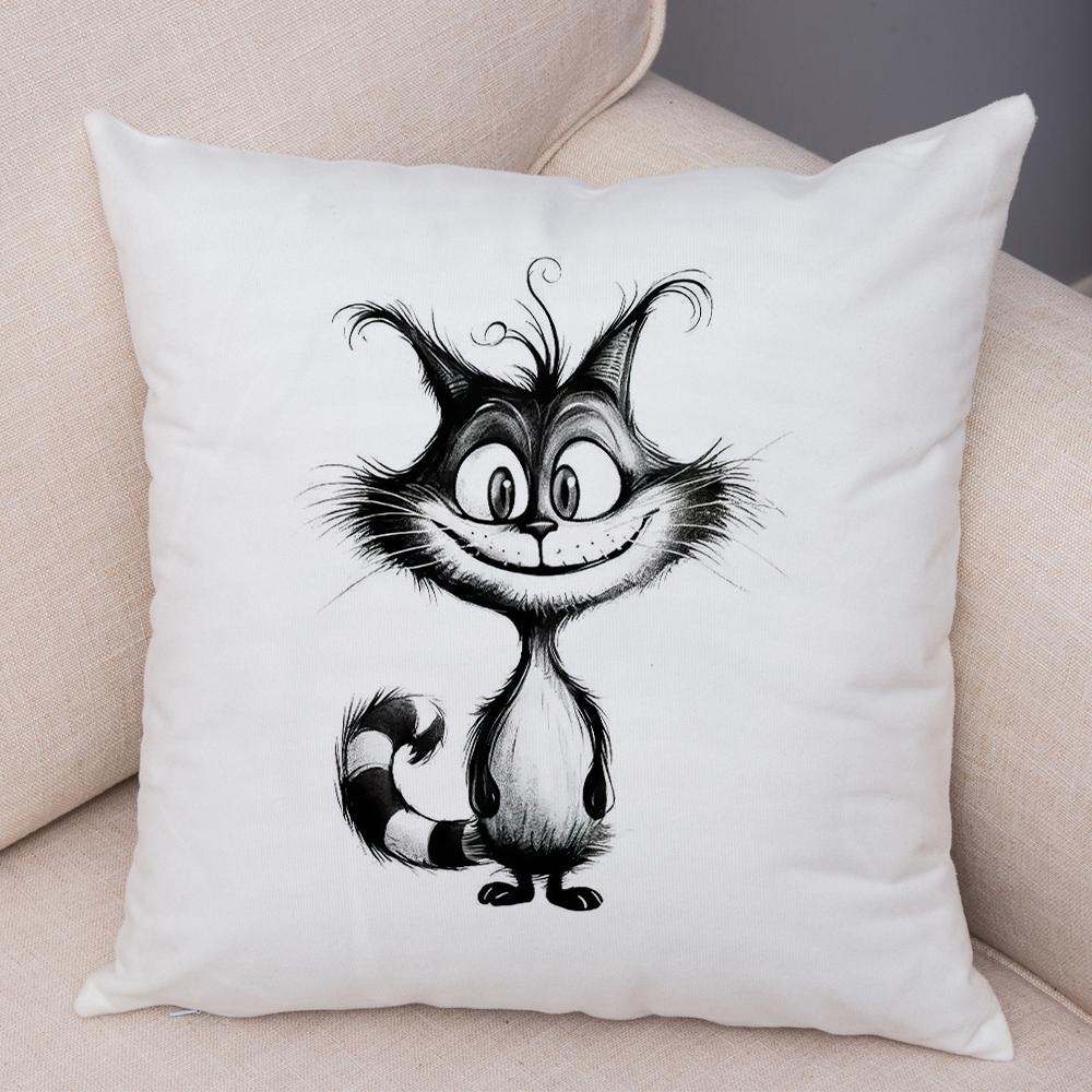 Grumpy Black Cat Pillowcase Double Print Striped Whimsical Cat Cushion Cover Soft Plush Curly Eared Fierce Cat Pillowcase