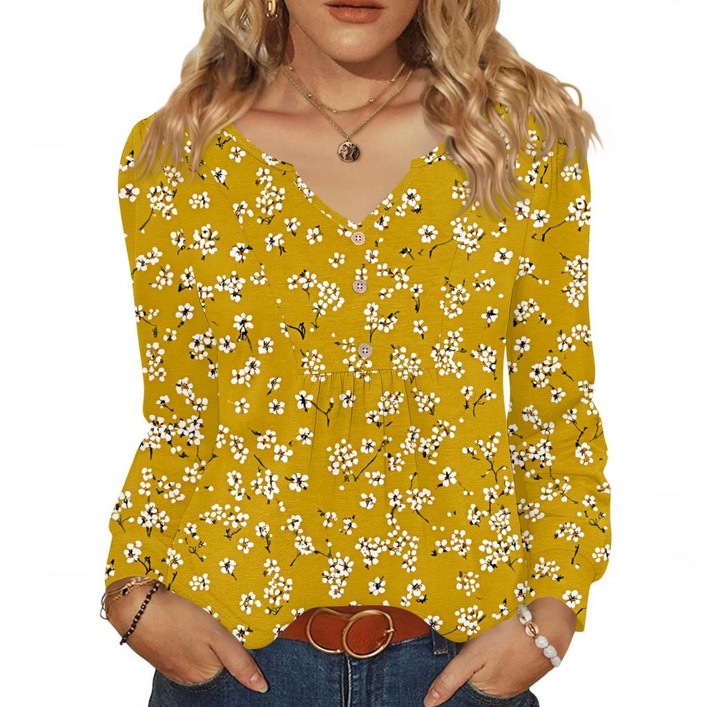 Women's Fashionable Casual V-neck Blouse Button Long-sleeved Pullover T-shirt Top