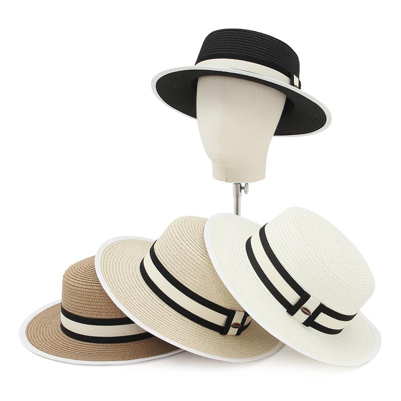 Freedom Outdoors Women's Black Gemvie Straw Boater Flat Top Hat For Men Summer Sun Beach Straw Hat With Hatband 55-57Cm
