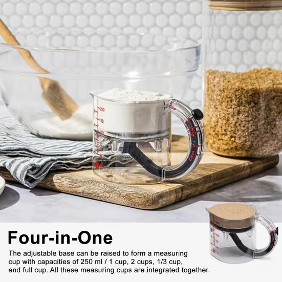 4-in-1 Adjustable Measuring Mess-free Glass Cup Measuring Cup with Scraper Edges Multi-Functional Kitchen Essential for Baking Cooking