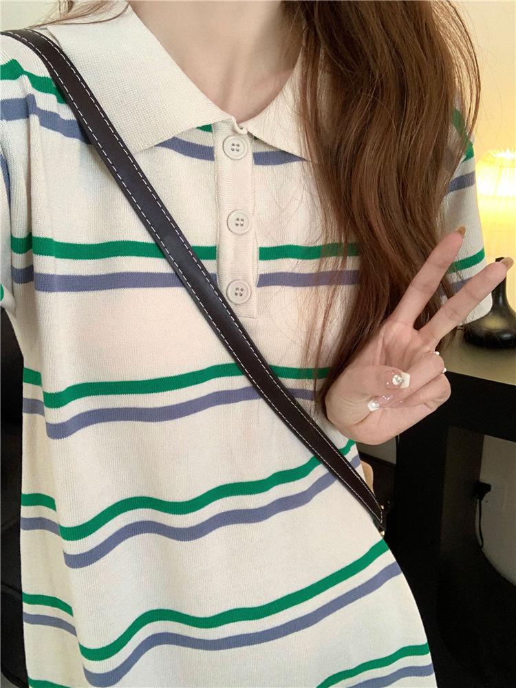 Women's Striped Summer Polo Dress - Loose Knit Bell-Sleeve Design