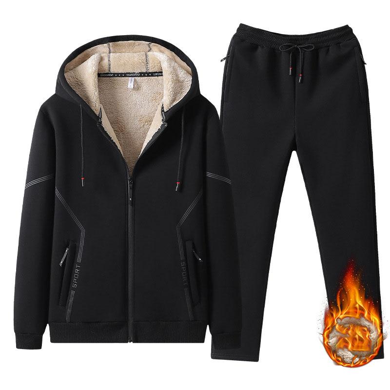 Mens Lambswool Thickened Sportswear Set Autumn Winter Plus Size Fleece Cardigan Two Piece Sweatshirt