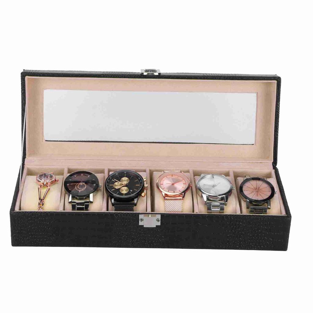 6-Slot Watch Box PU Leather Rectangular Wristwatch Display Case Organizer Gift Black