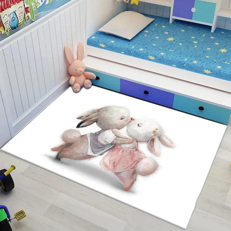 Bunny Carpet For Easter Living Room Decor Lovely Cartoon Rabbit Print Crawling Mat Doormat Area Rug Bedroom Bathroom Floor Mats