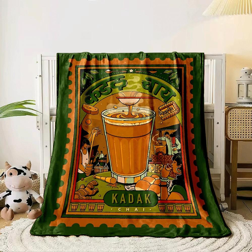 A vibrant, illustrative poster featuring Kadak Chai and Indian chai culture. for all seasons blanket lunch break throw gift 80cm x 120cm