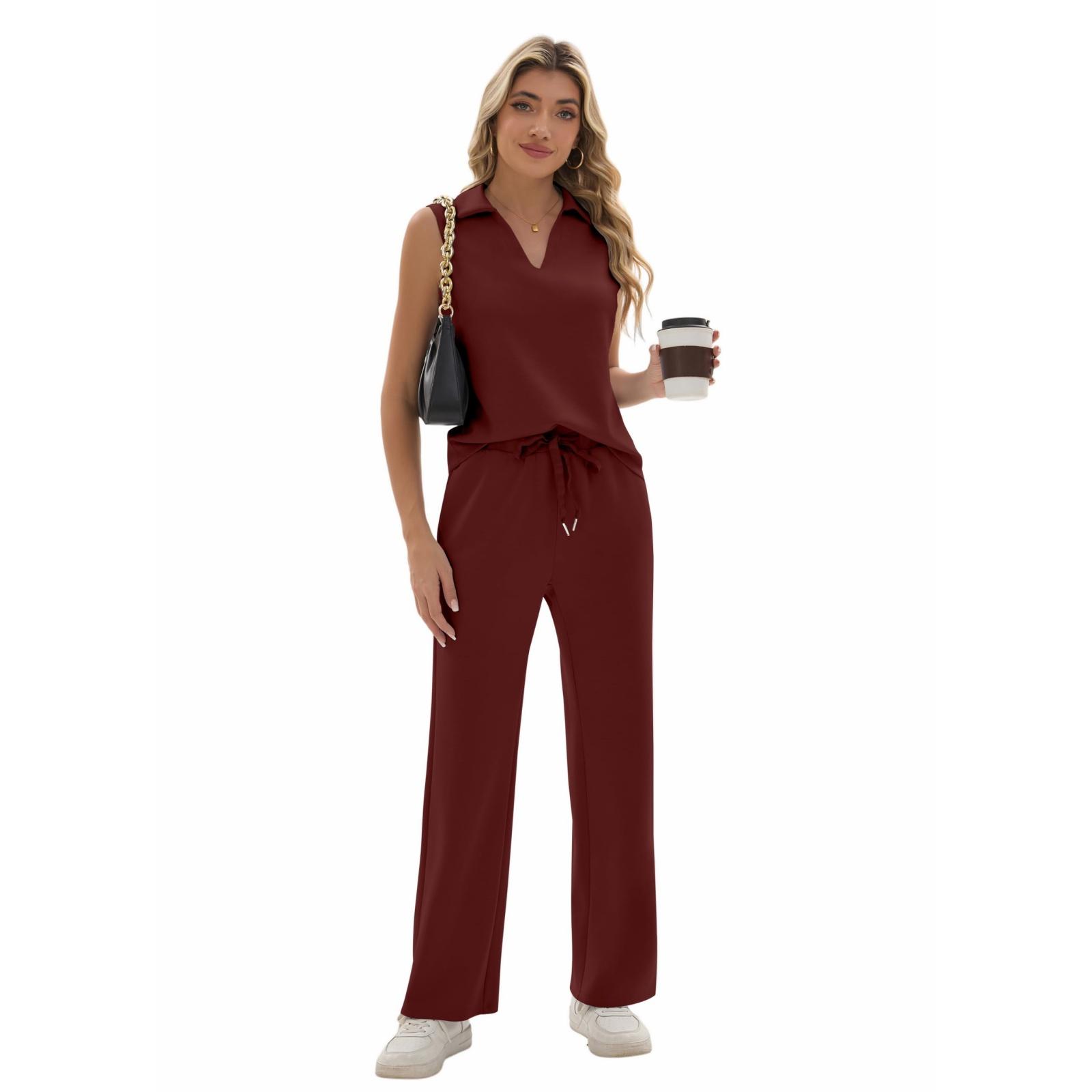 

Ladies Casual Temperament V-neck Casual Top Wide Leg Pants Two-piece Set S винный