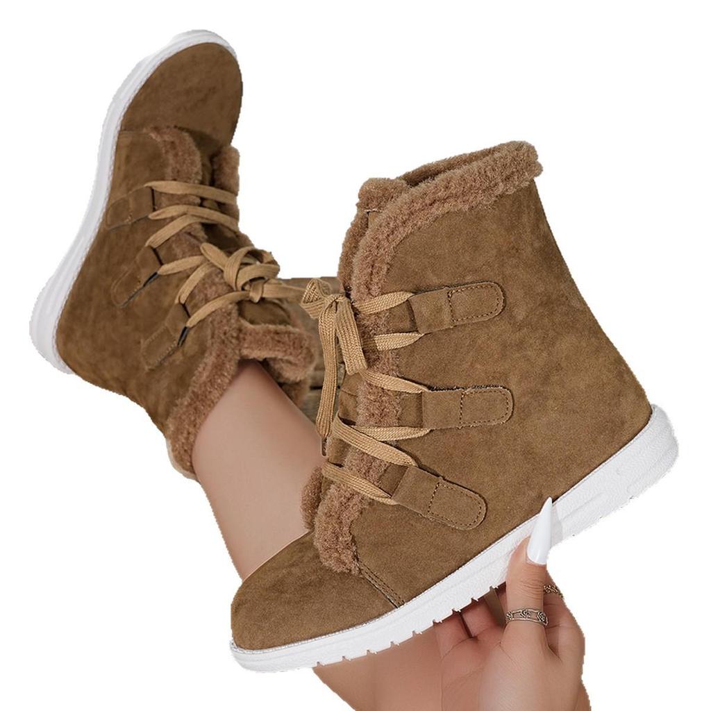 Women's Plus Size Lace-Up Snow Boots - 2025 Fall/Winter European & American Style, Plush, Warm, Flat-Bottomed.