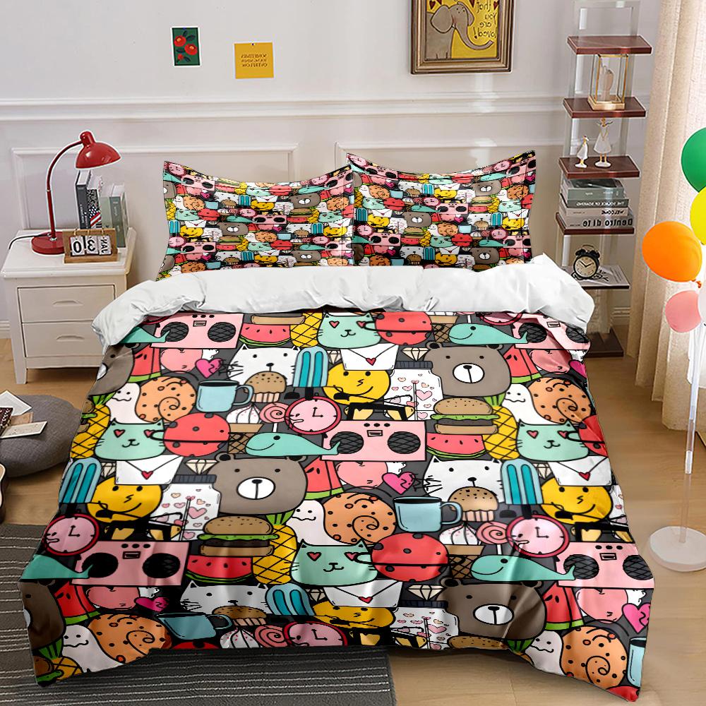 Cartoon Animals And Food Collage Print Bedding Set 1 Duvet Cover 2 Pillowcases For Adult And Children Luxury Gift Full Size