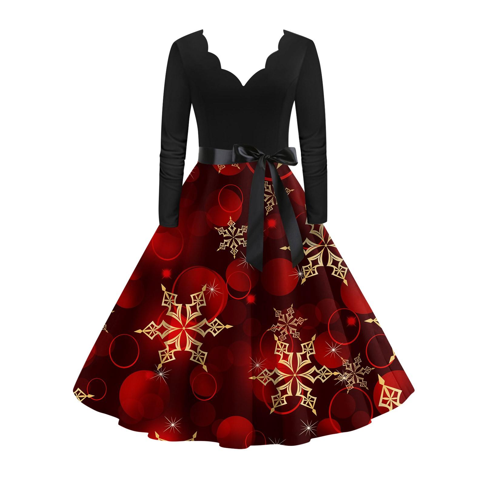 Women s Vintage Dress Long Sleeve Christmas Print V-neck Swing Dress L