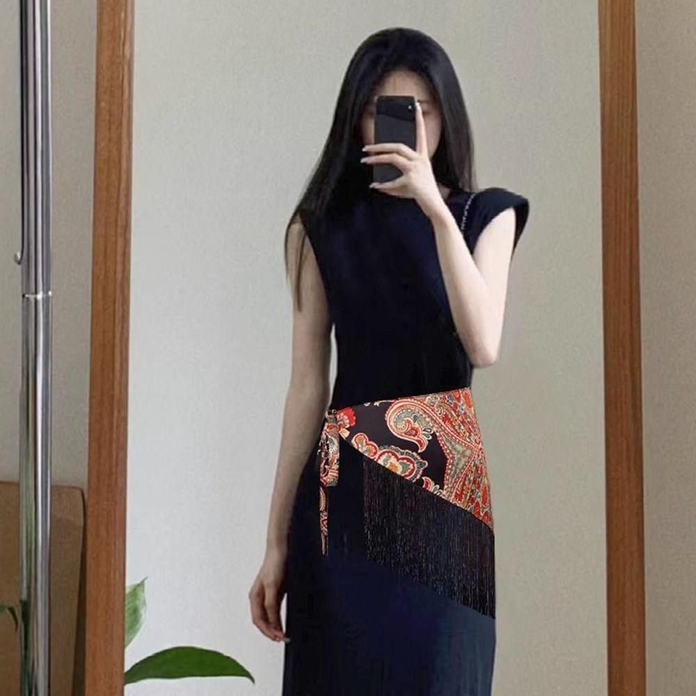 Ethnischer Dreieckiger Bund Quasten Saum Rock mit Breitem Gürtel Kleid Jeans Dekor