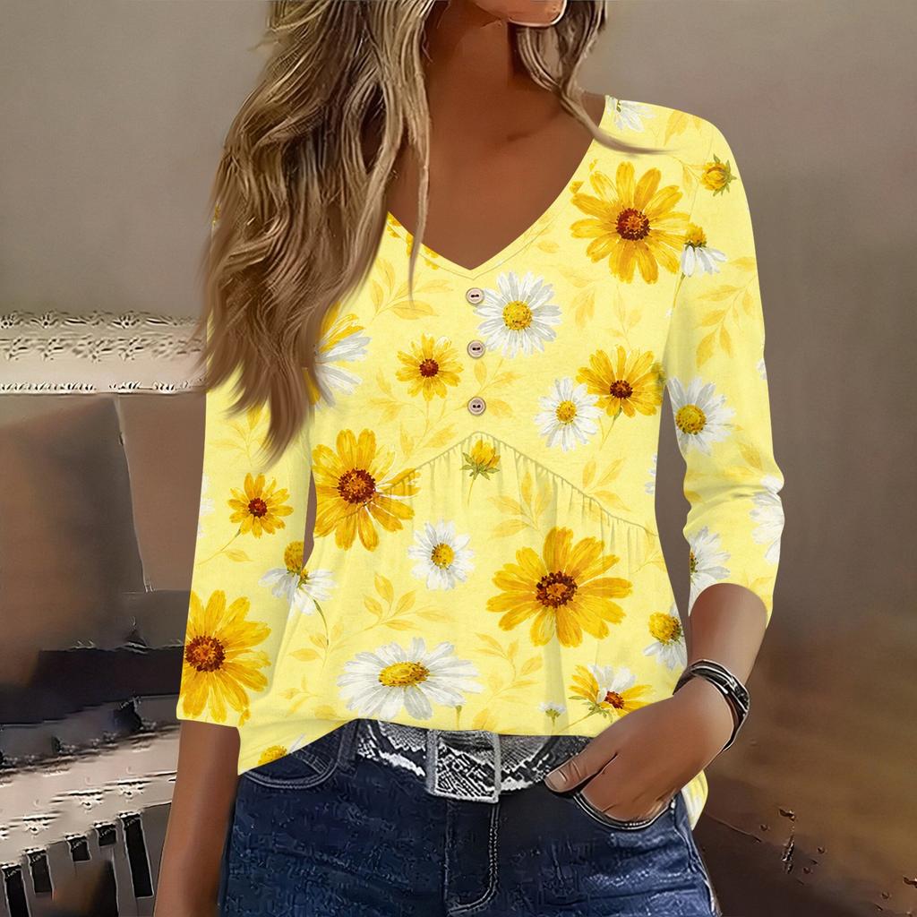 Womens 3/4 Sleeve V Neck Button Detail Floral Print Tunic Top Casual Lightweight Blouse for Daily Wear