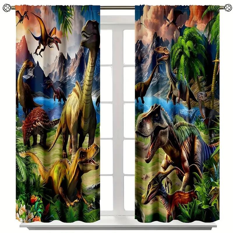 2pcs Vibrant Dinosaur Jungle Printed Curtains, Designed for Light Filtering, Quality Material, Ideal for Dinosaur Enthusiast Hom
