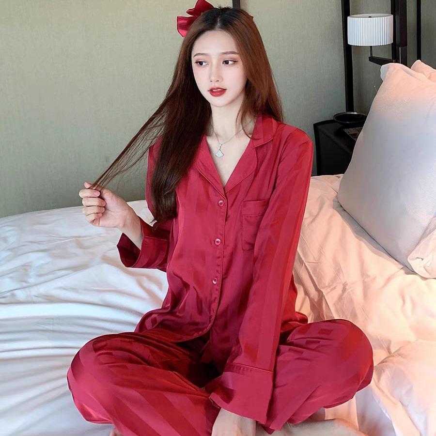 New Women's Pajamas Two-Piece Simulation Silk Senior Sense of Women's Long-Sleeved Pajamas Ice Silk Striped Leisure Home Wear Su