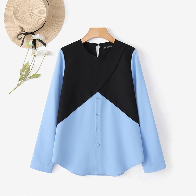 ZANZEA Women Casual Round Neck Long Sleeve Loose Patchwork Blouse