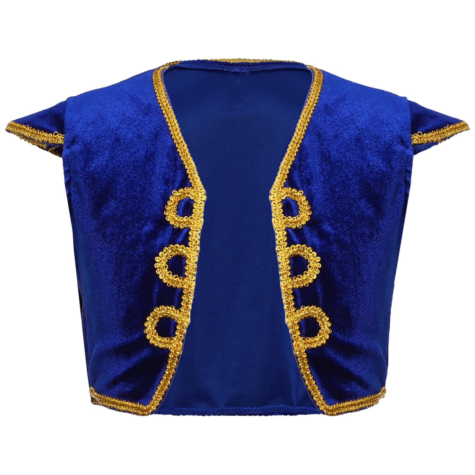 

Костюм жилета арабського принца для хлопчиків з рукавами-крильцями та V-подібним вирізом для тематичної вечірки, косплею, Хелловіну, перевдягання, виступу 9-10 Years королівський синій колір