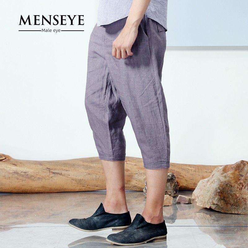 Menseye Men's Linen Capri Pants, Summer Loose Fit, Men's Office Worker Casual Thin Pants
