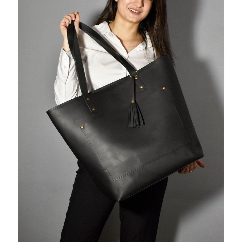 Handmade Leather Tote Bag Purse Shoulder Black Anniversary Gift for Women Leather Laptop Work Teacher Bag On Gifts Girlfriends for Moms