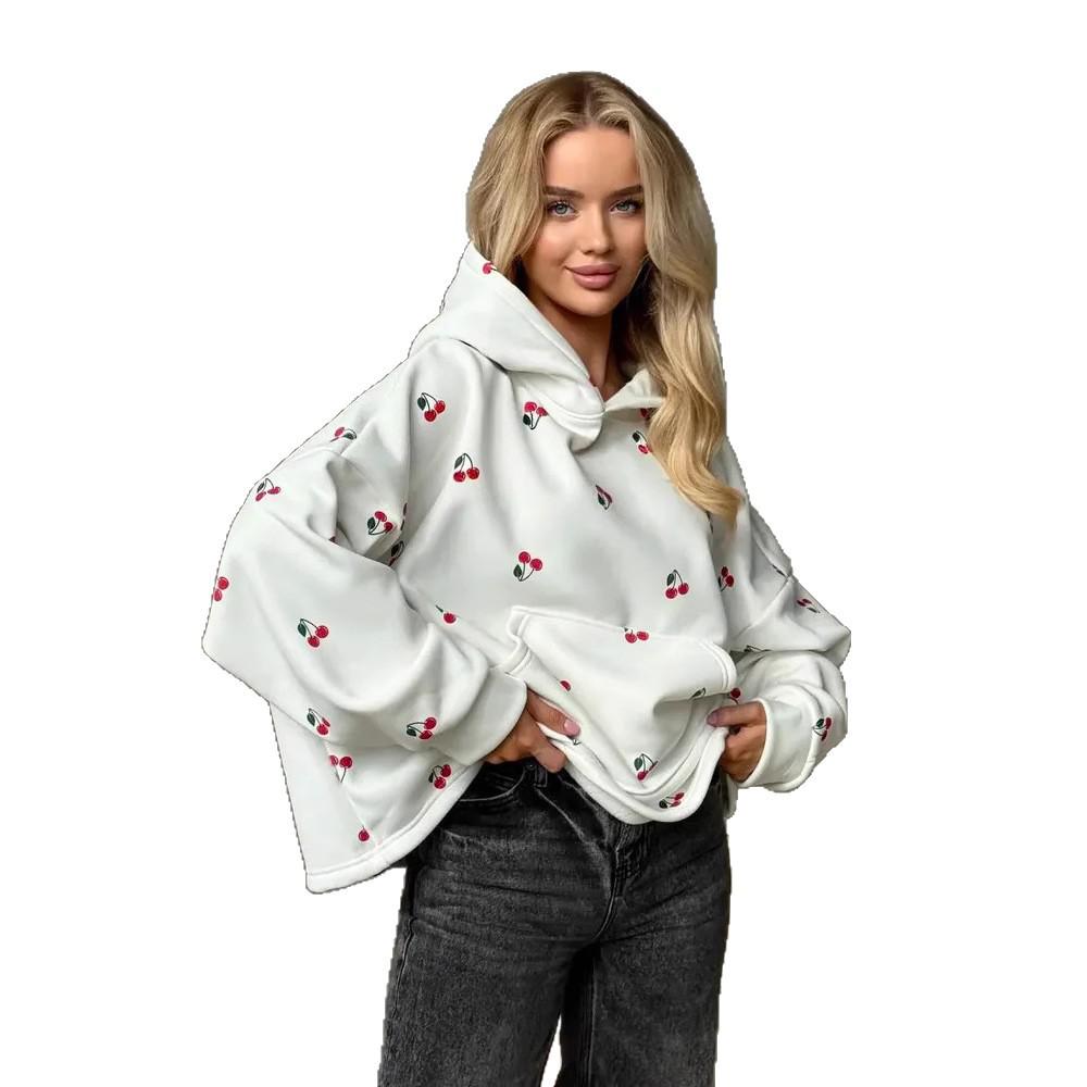 Women's Cherry Print Sweatshirt Jacket - Autumn European & American Street Style, Loose Fit, Versatile Sports Hoodie