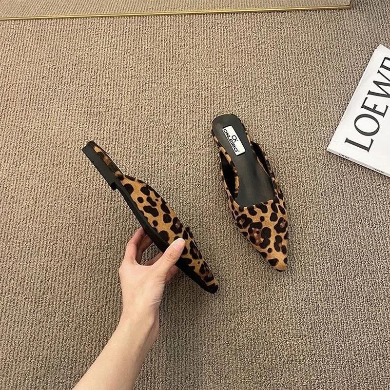 Fashion Women Slippers Pointed Toe Leopard Design Shallow Slip On Thin Low Heels Black Flock Design Casual Mules Loafers Black Outdoor